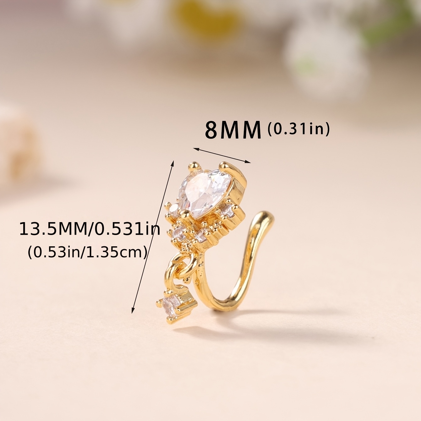 Copper Clip-On Zirconia Heart-Shaped Nose Ring, Non-Piercing